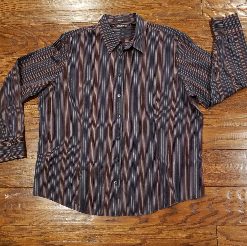 EDDIE BAUER Women's Long-Sleeved Button-Down Brown Pin-Stripe Blouse - X…